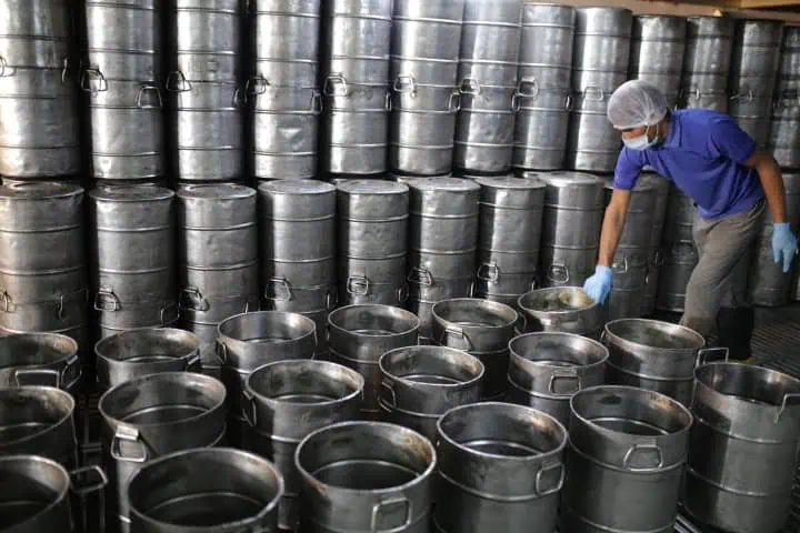 Steel pots packed for transport