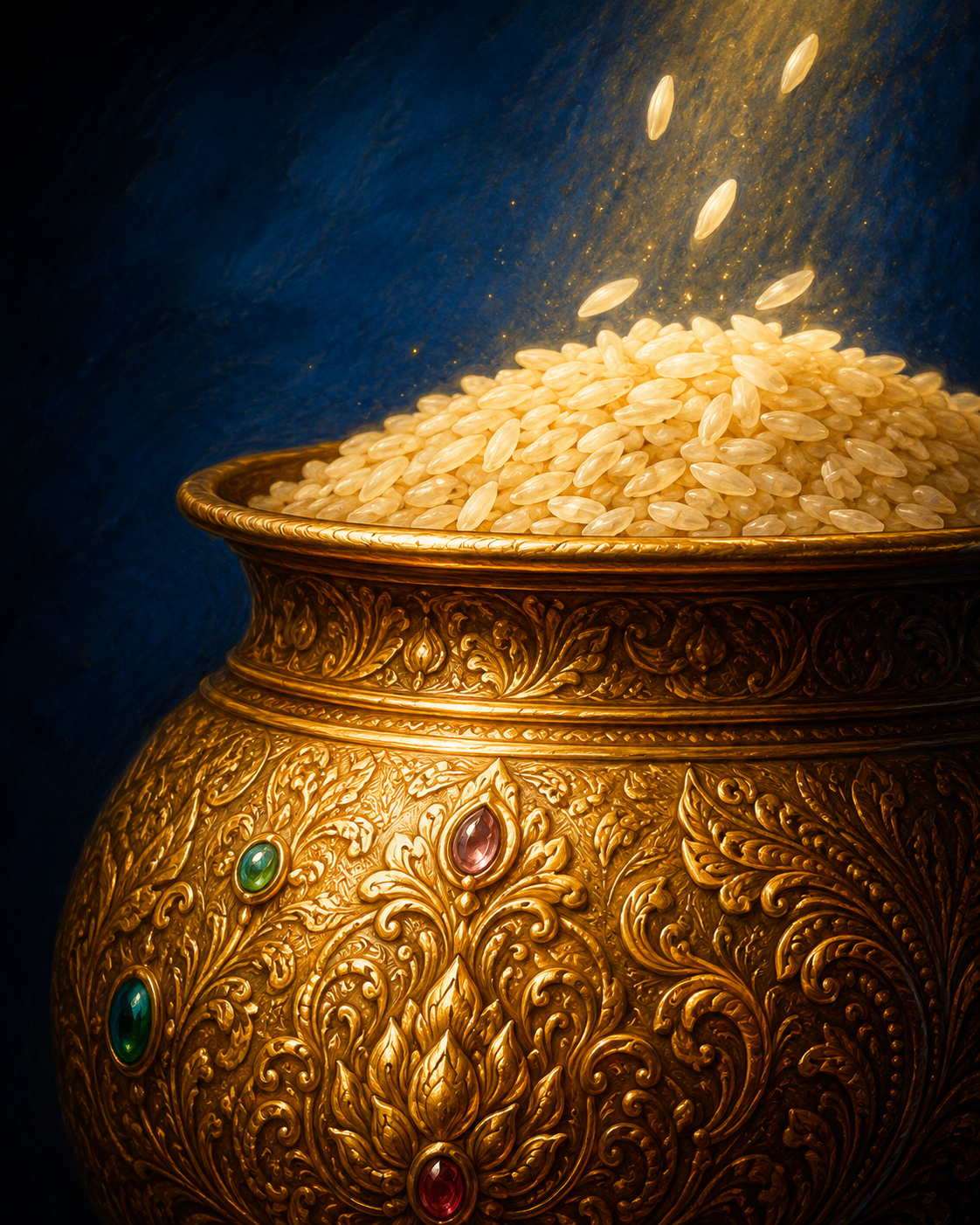 Ornate golden vessel filled with rice, engraved with traditional motifs and set with gems