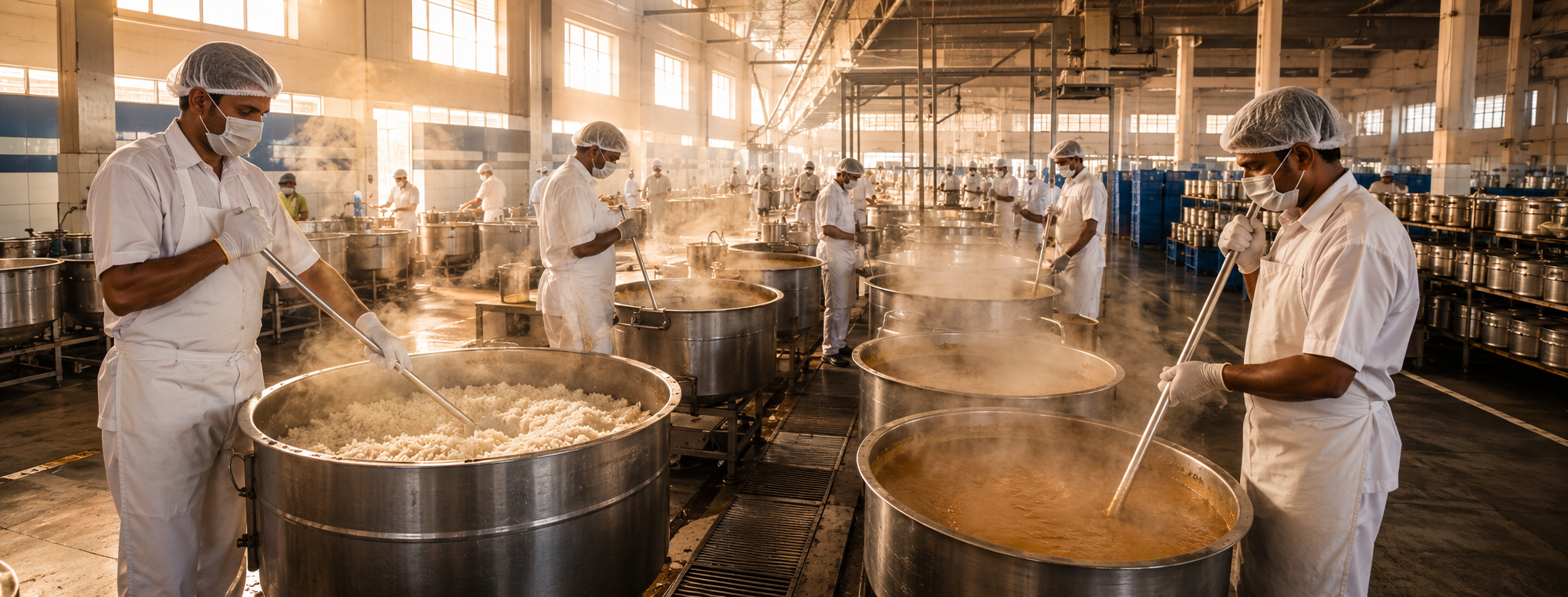 Akshaya Patra centralized kitchen with rows of steel cauldrons and staff preparing school meals at scale